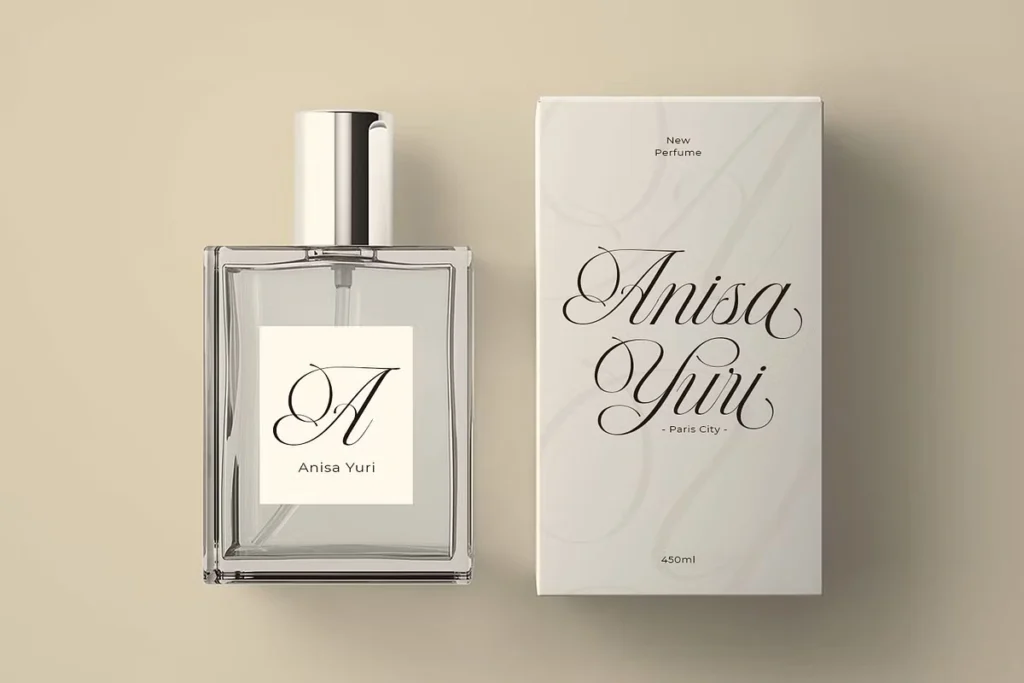 Perfume packaging using Kaelyna Script Modern Cursive Font