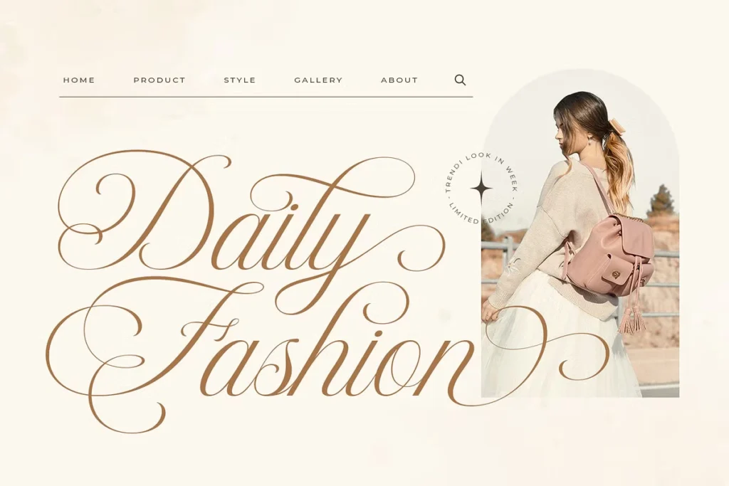 Fashion website header using Le Maire Modern Cursive Script Font