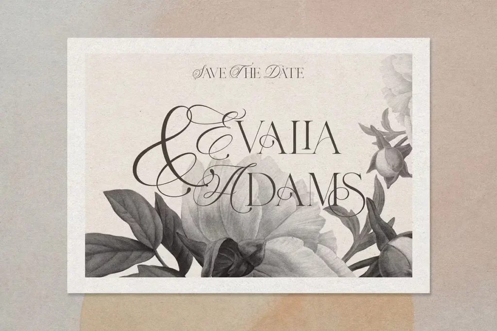 Beverly Hills ligature serif font for romantic wedding stationery