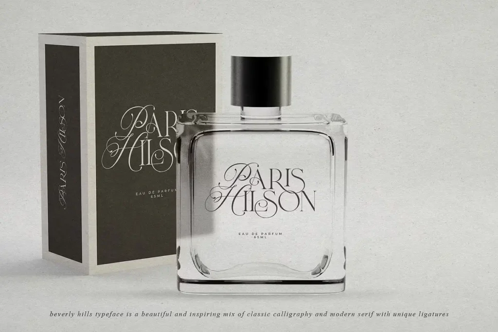 Modern product label with Beverly Hills ligature typography