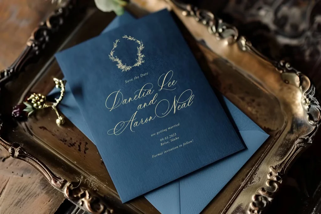 Save the date card design using Ms. Claudy calligraphy font