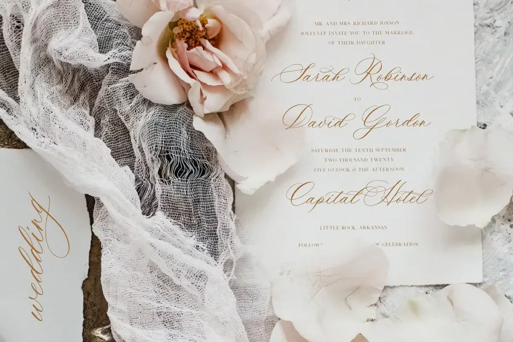 Elegant handwritten font Ms. Claudy on romantic wedding card
