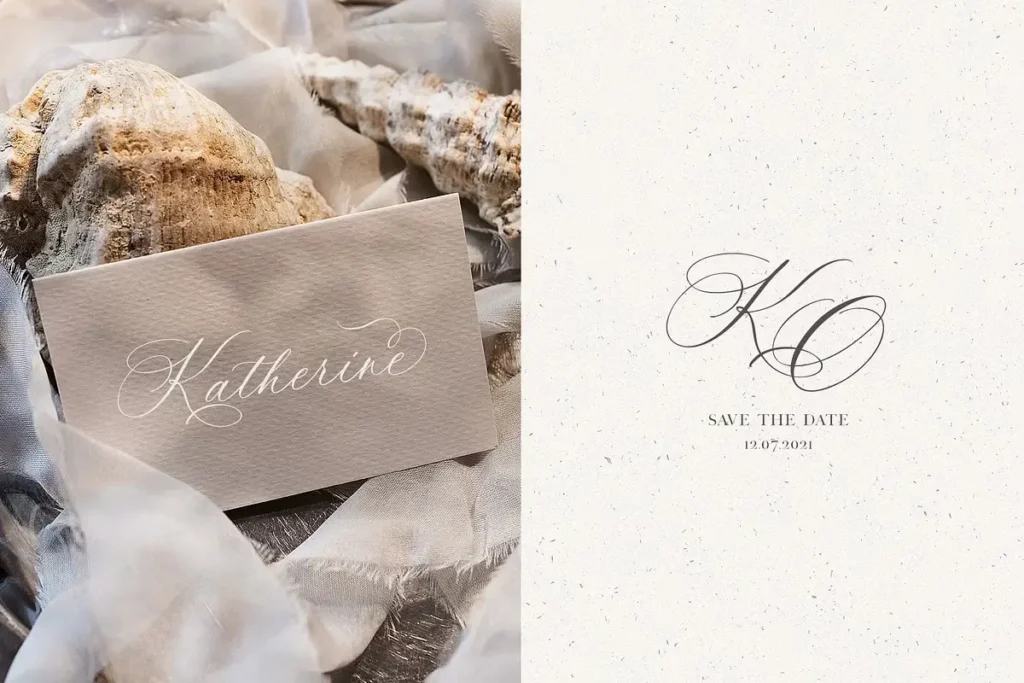 Place card with Ms. Claudy font and soft calligraphic details
