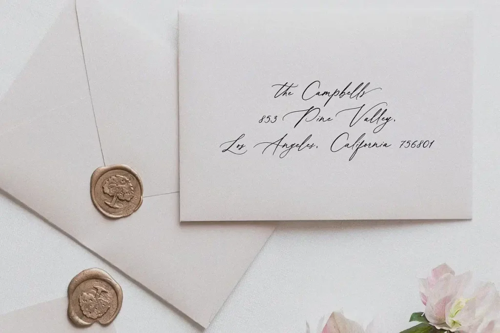 Vintage Heirloom calligraphy font shown on wedding envelope