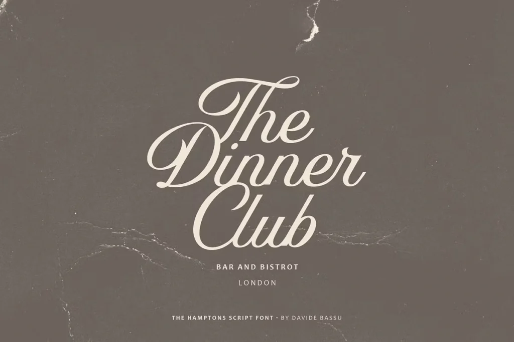 Script typeface The Hamptons on vintage-style dinner club sign