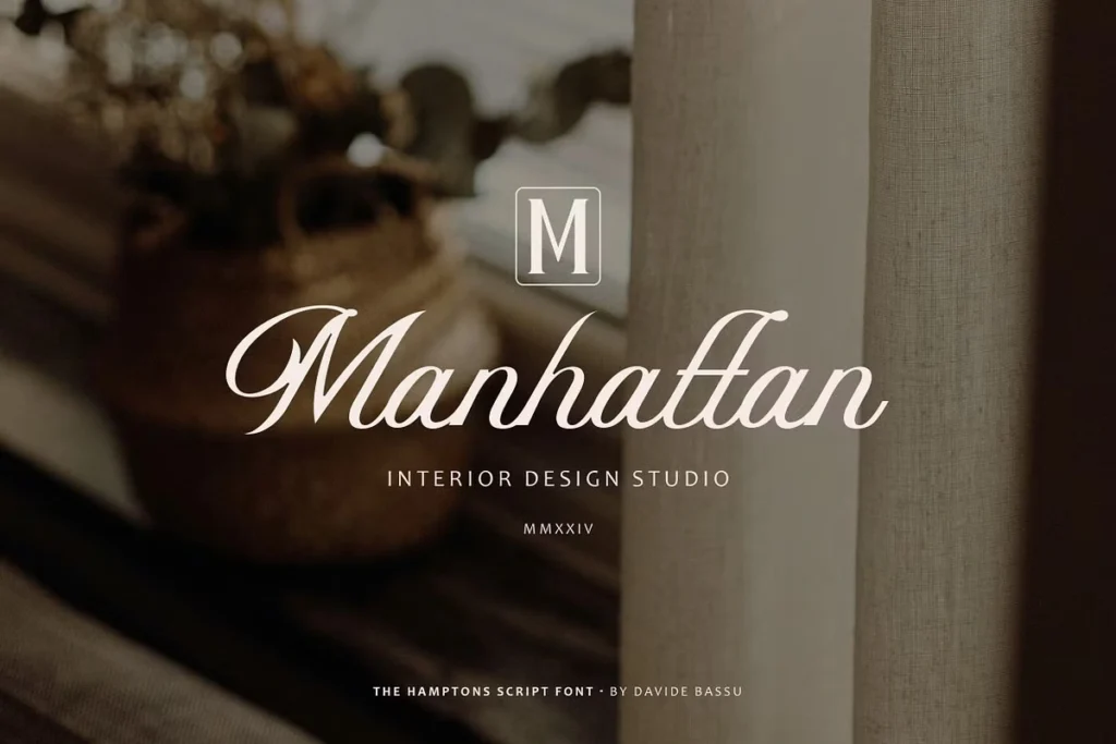 The Hamptons serif script font in branding for design studio