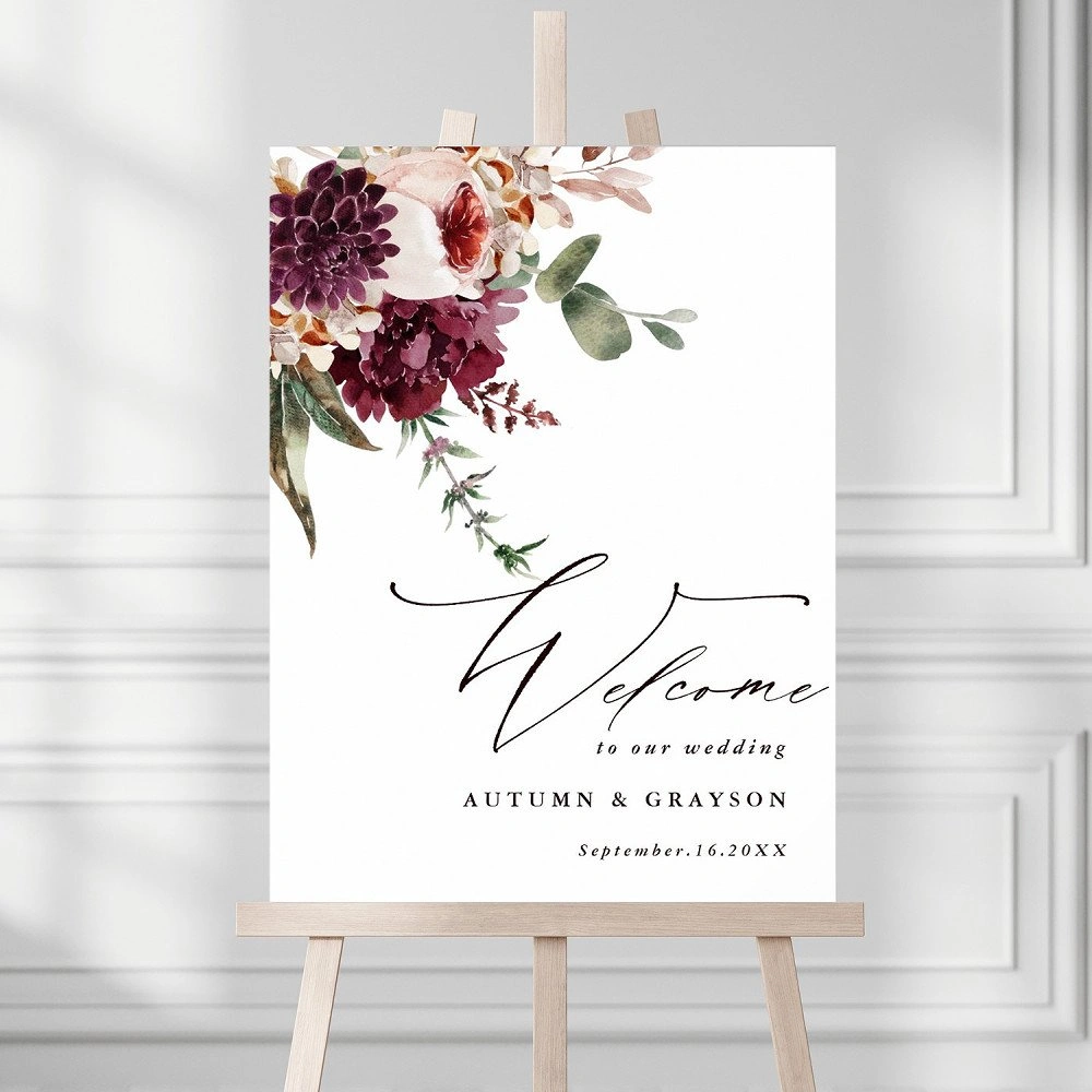Autumn floral wedding welcome sign template, burgundy and blush flowers
