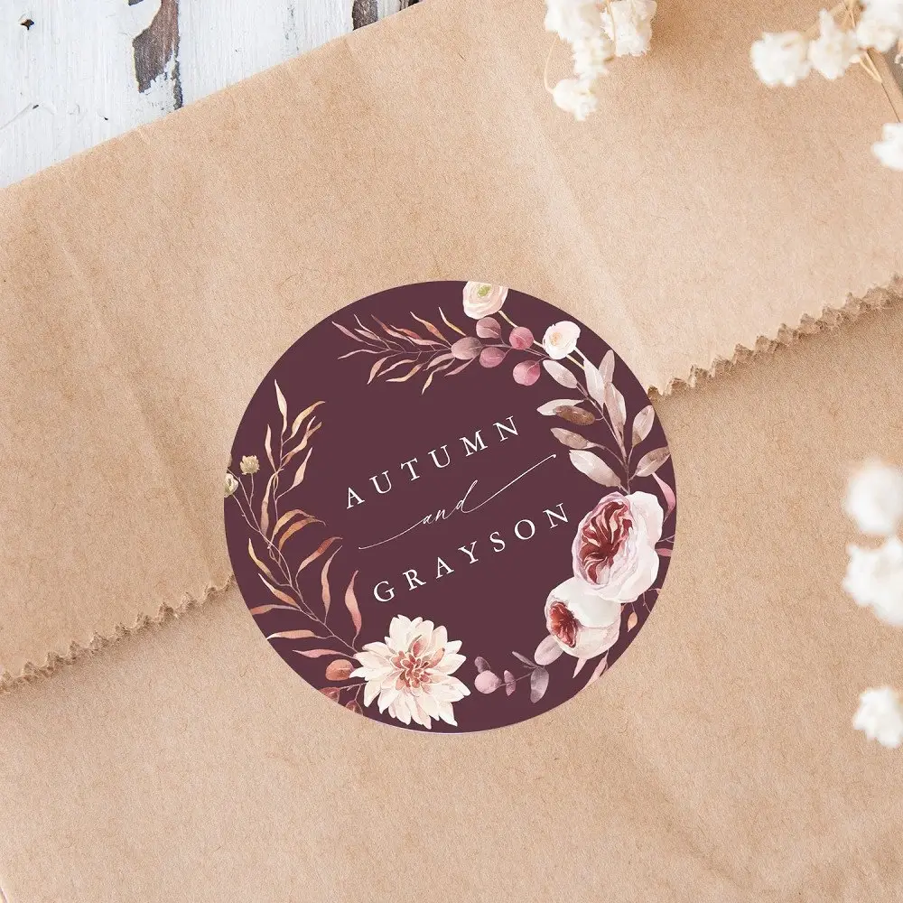 Wedding favor sticker template with burgundy floral wreath