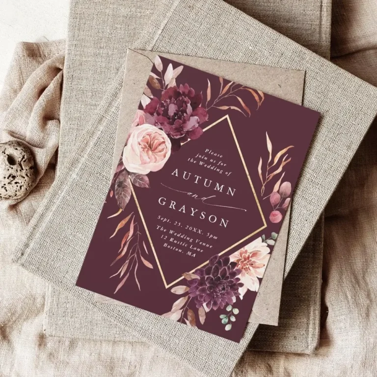 Elegant wedding invitation card with gold frame and watercolor flowers