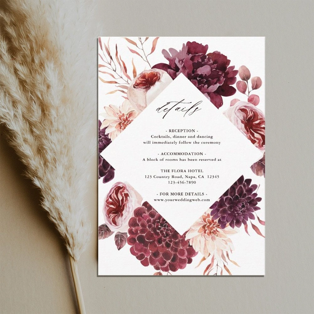 Wedding details card template with autumn floral design