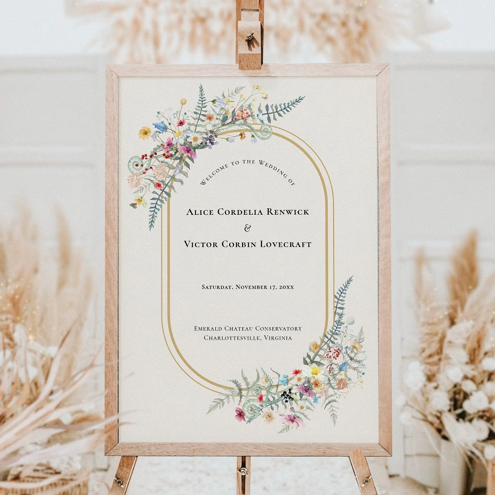 Wildflower wedding welcome sign template with beige background