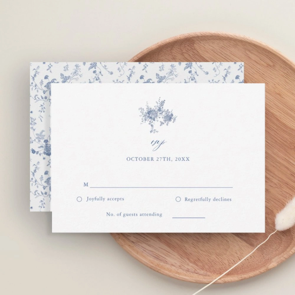 Elegant Victorian wedding RSVP card in dusty blue