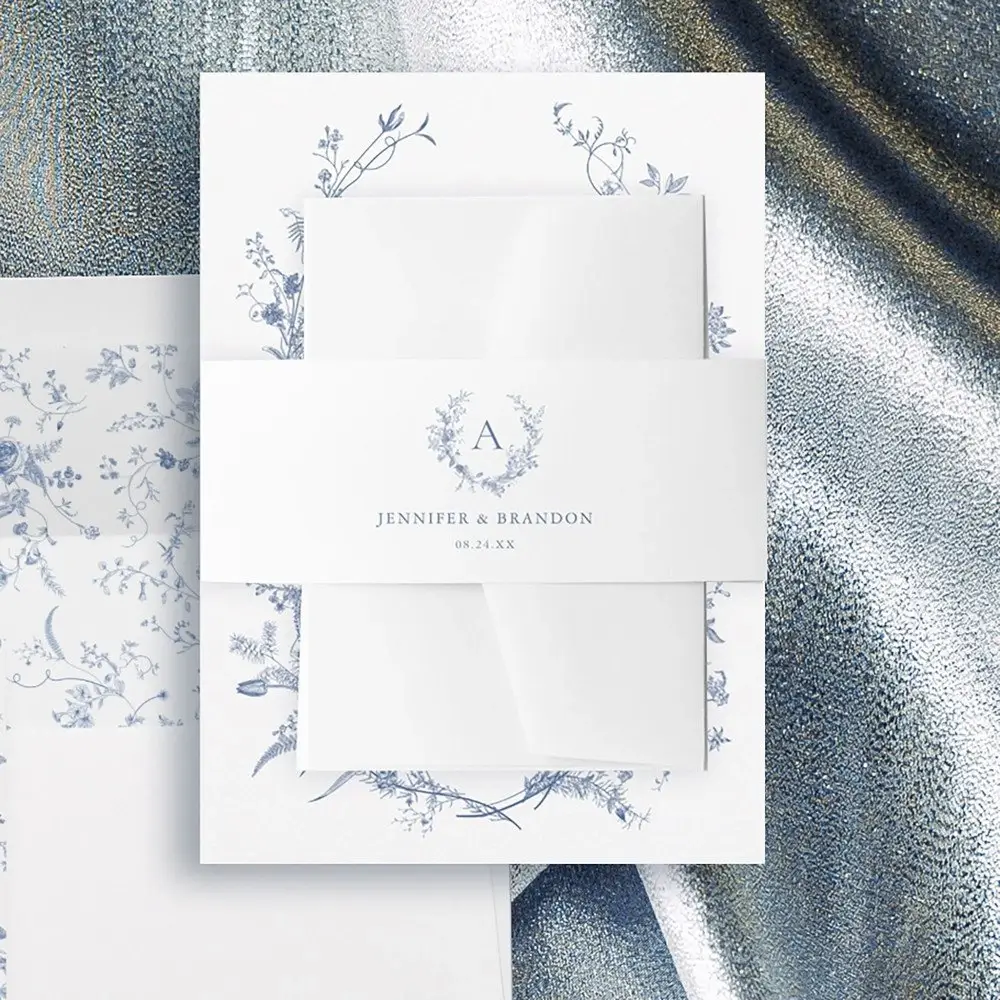 Chinoiserie blue monogram wedding invitation belly band