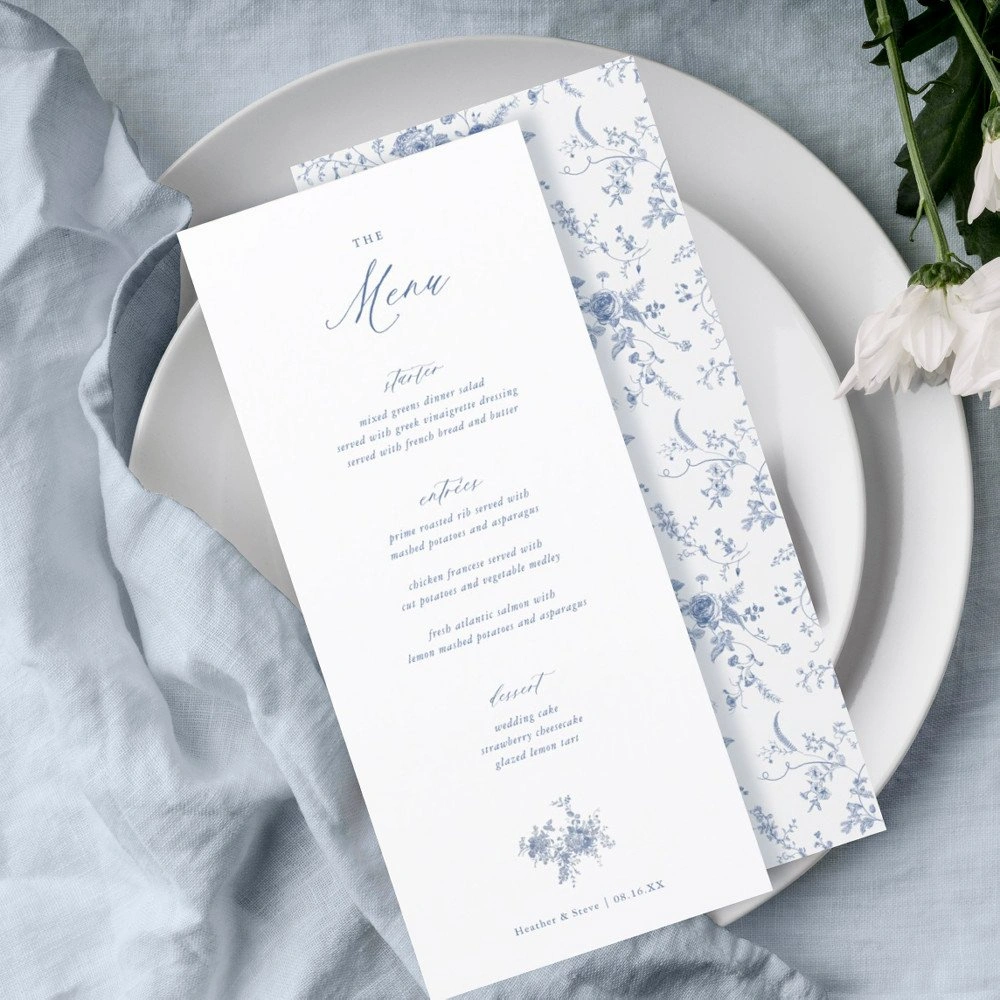 Printable dusty blue floral wedding menu stationery