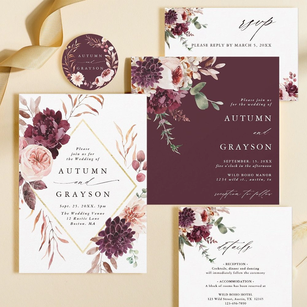 Autumn wedding invitation suite with RSVP, details and envelopes