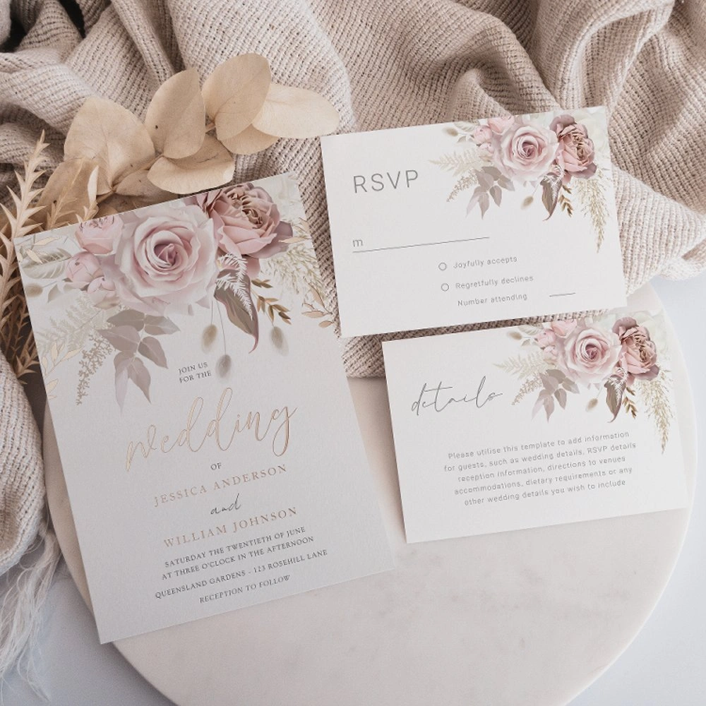 Dusty rose blush floral wedding invitation suite with RSVP and details cards