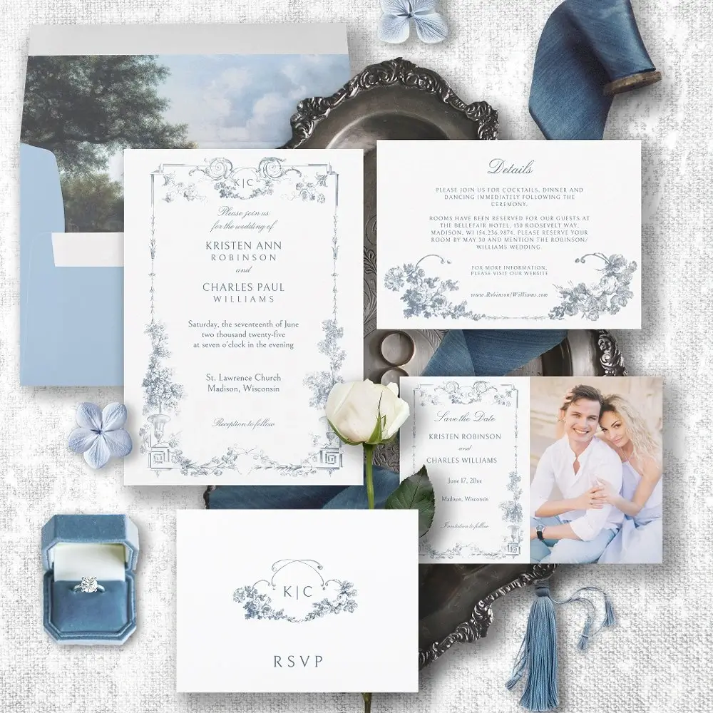 Classic dusty blue floral wedding invitation set with details and RSVP