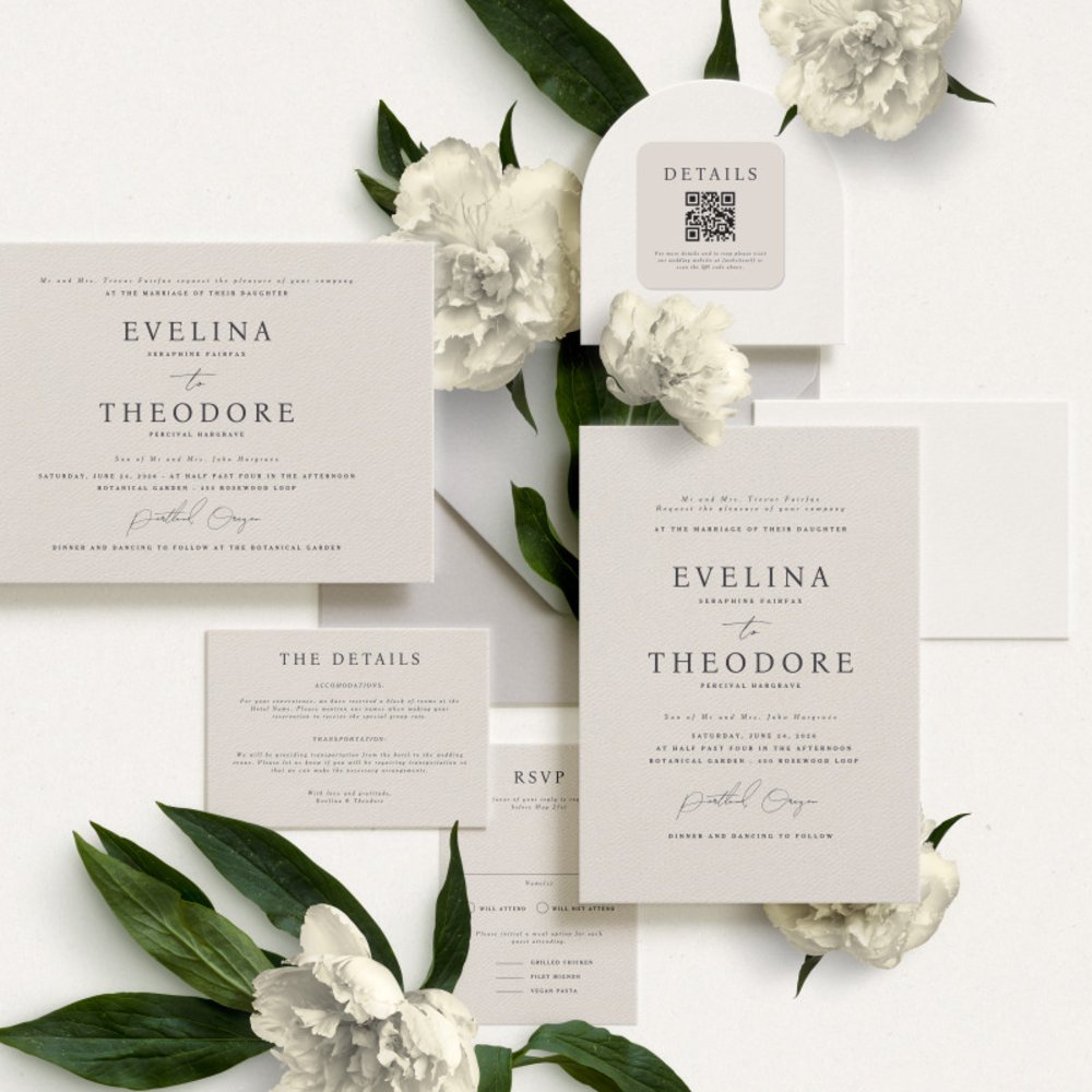 Minimalist wedding stationery set with invitation, menu and RSVP template