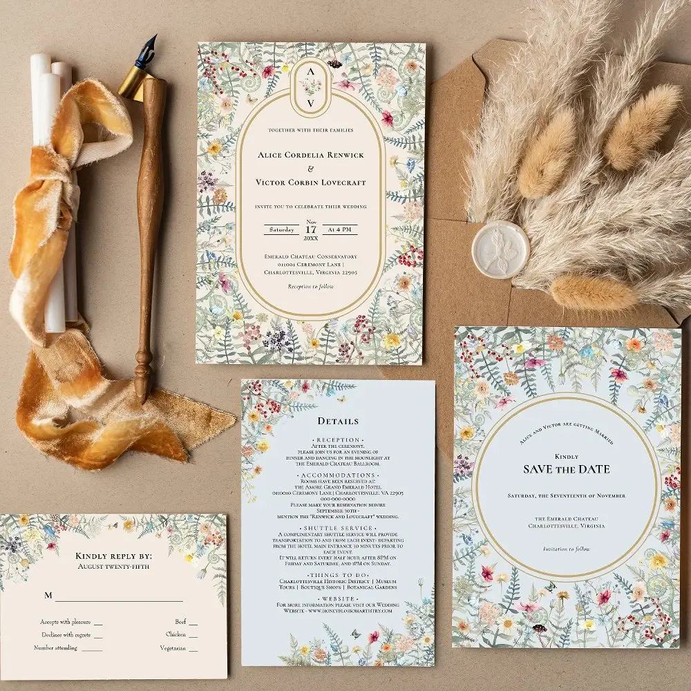 Wildflower wedding invitation suite with RSVP, details and thank you cards