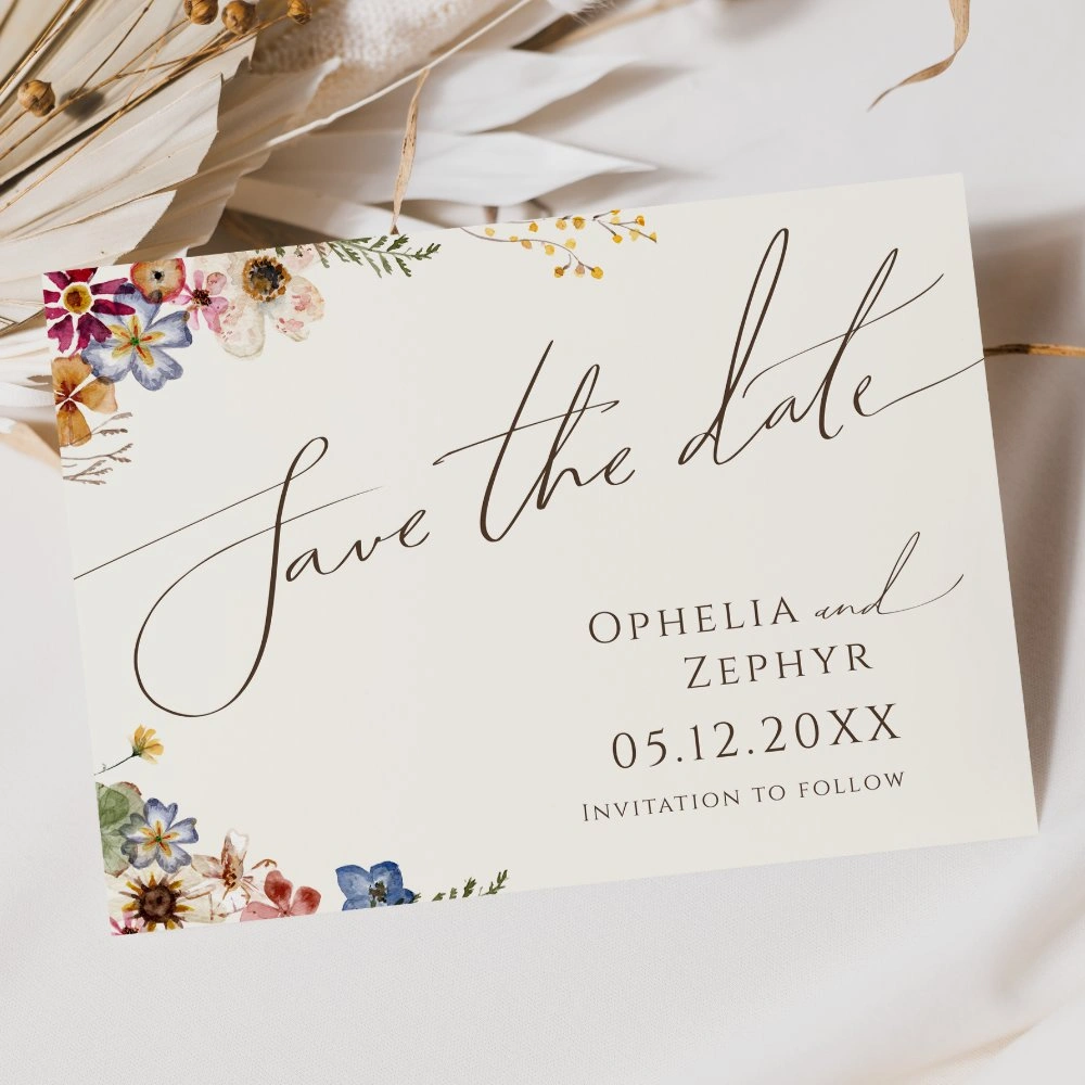Save the date wedding card with colorful watercolor wildflowers and elegant script font
