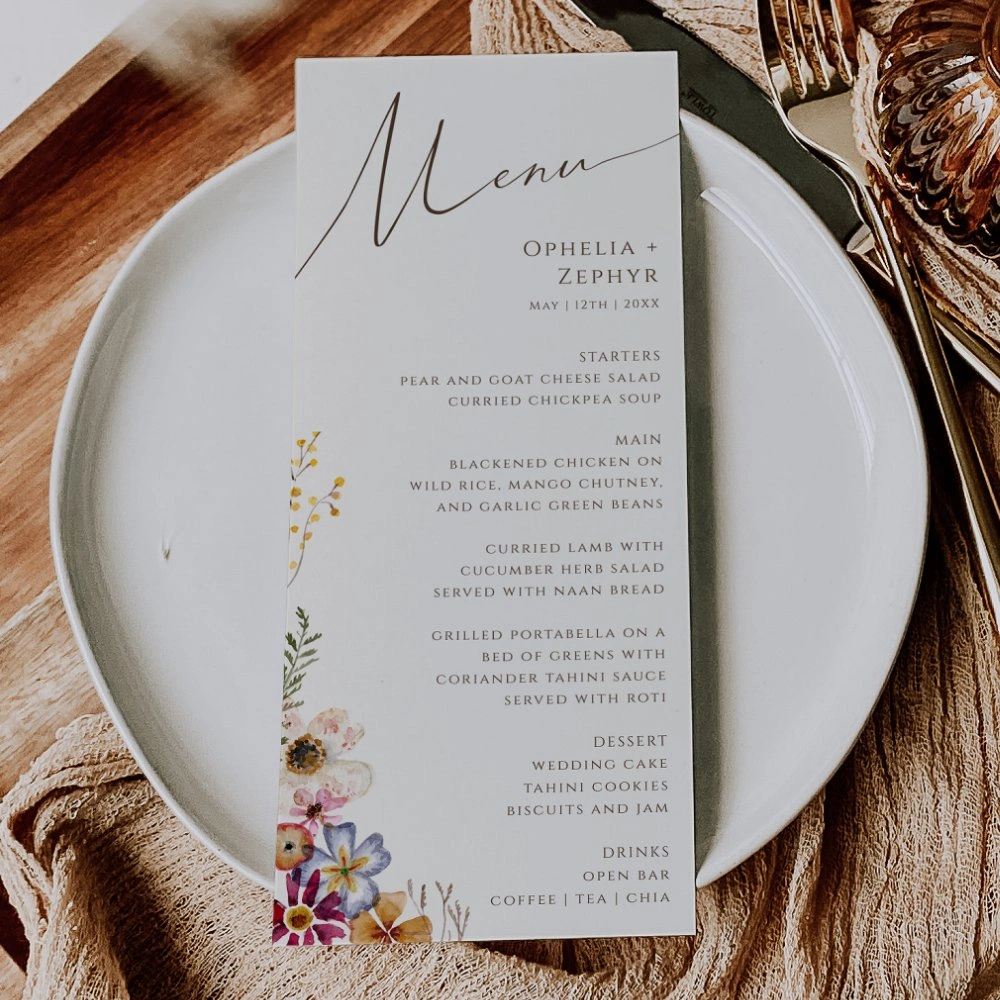 elegant beige menu card with calligraphy and floral design