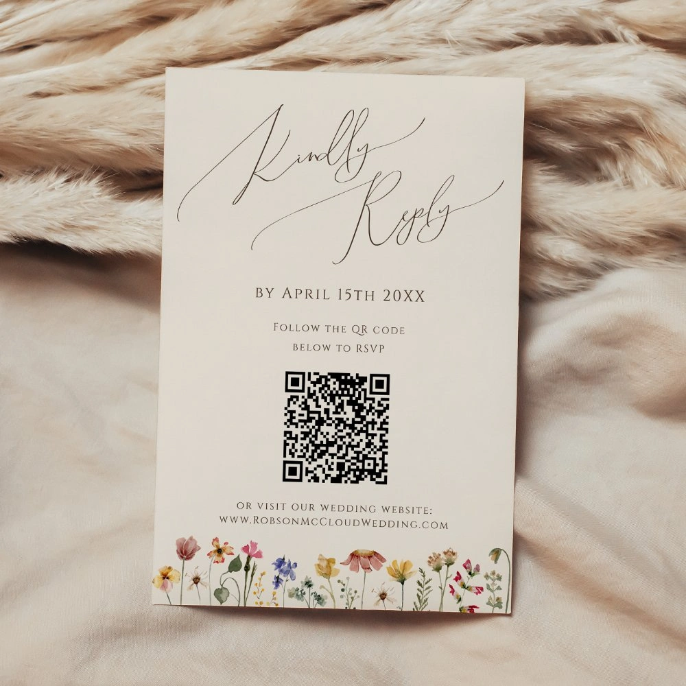 RSVP card with QR code and watercolor wildflowers