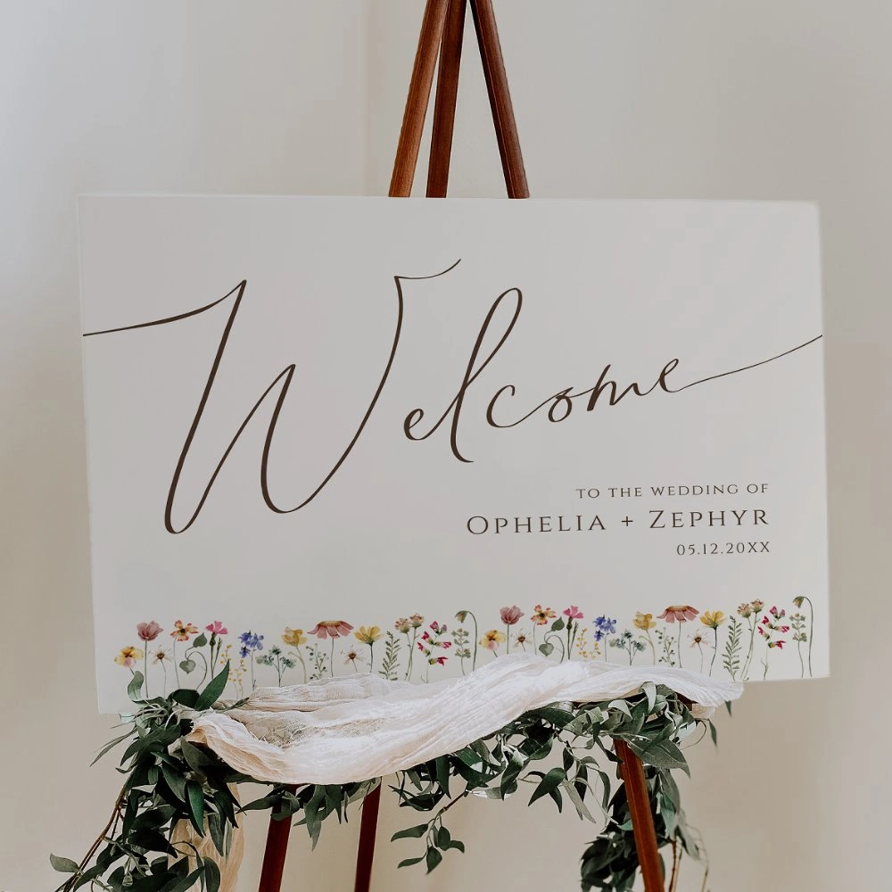 wedding welcome sign with watercolor wildflowers