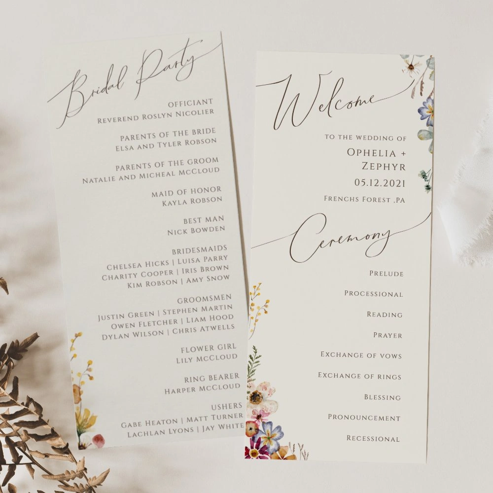 elegant beige wedding program with watercolor garden flowers