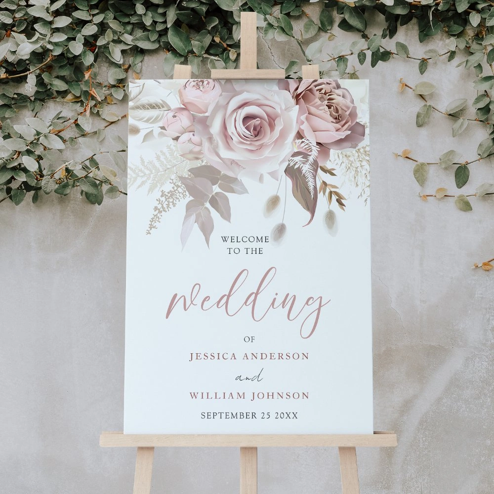 Dusty rose blush floral wedding welcome sign template