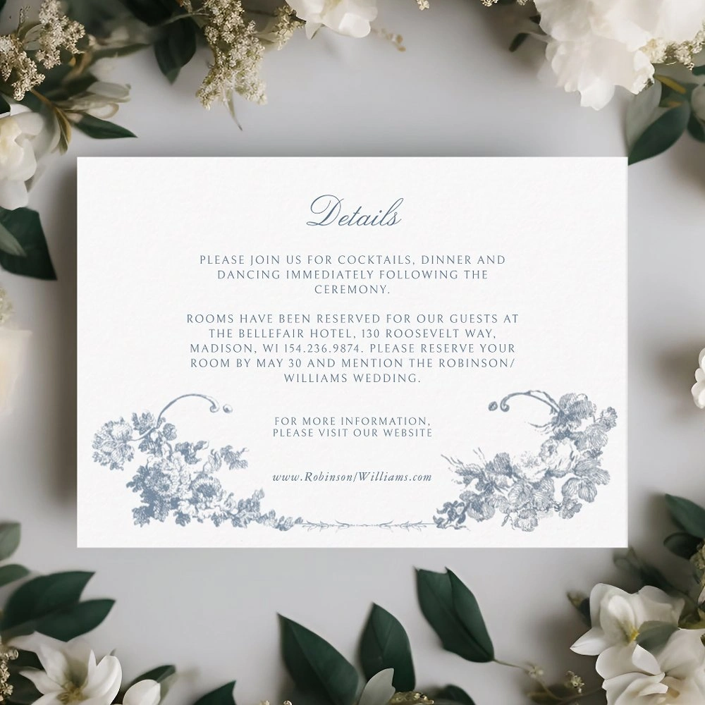 Elegant dusty blue floral wedding details enclosure card for classic ceremony
