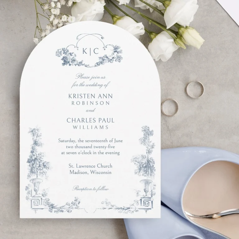 Elegant dusty blue floral wedding invitation with French classic design