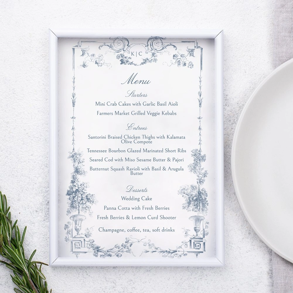 Classic blue and white floral menu card for wedding reception