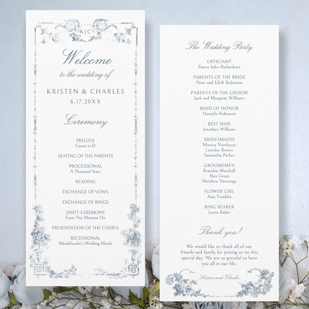 Elegant dusty blue floral wedding program card with French classic details