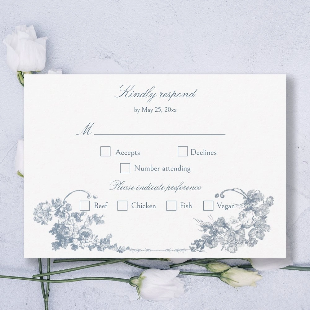 Classic blue and white French floral wedding RSVP response card
