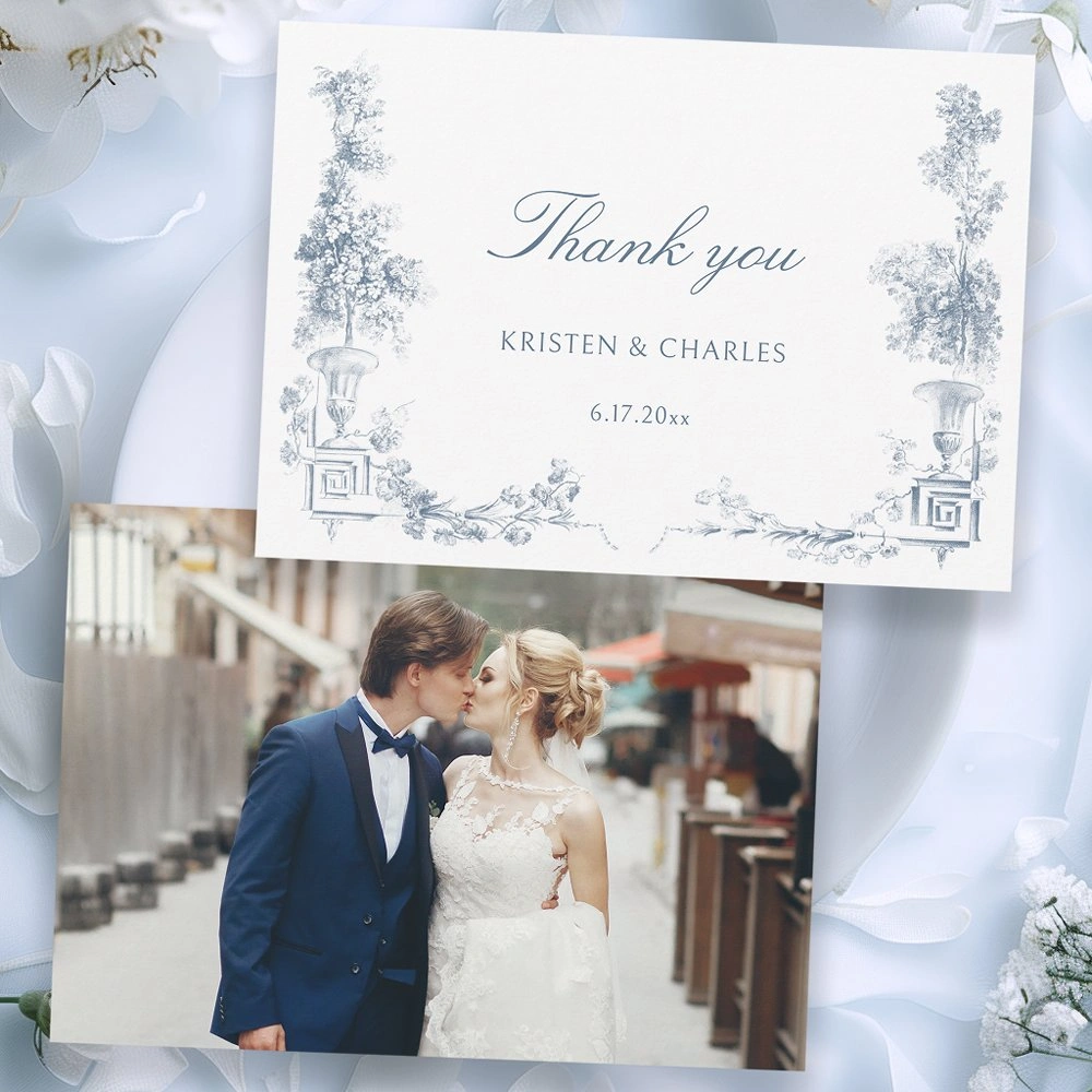 Elegant dusty blue floral thank you card for wedding guests