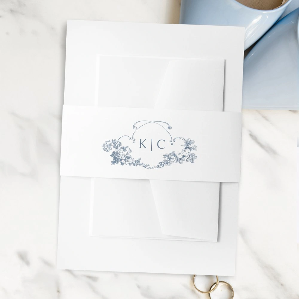 Elegant dusty blue floral wedding invitation belly band with initials