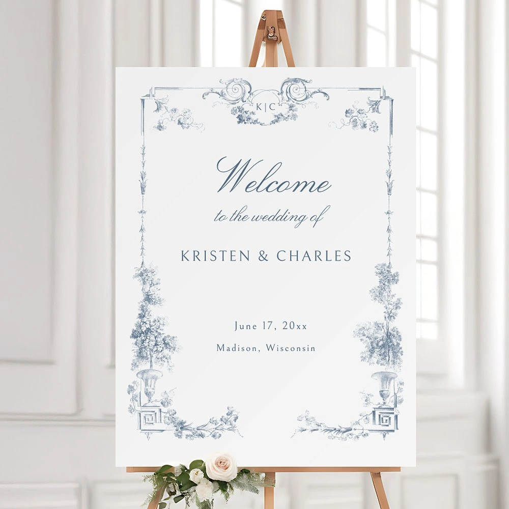 Elegant dusty blue floral wedding welcome sign poster with French design