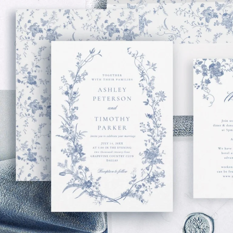 Elegant French vintage blue floral wedding invitation template