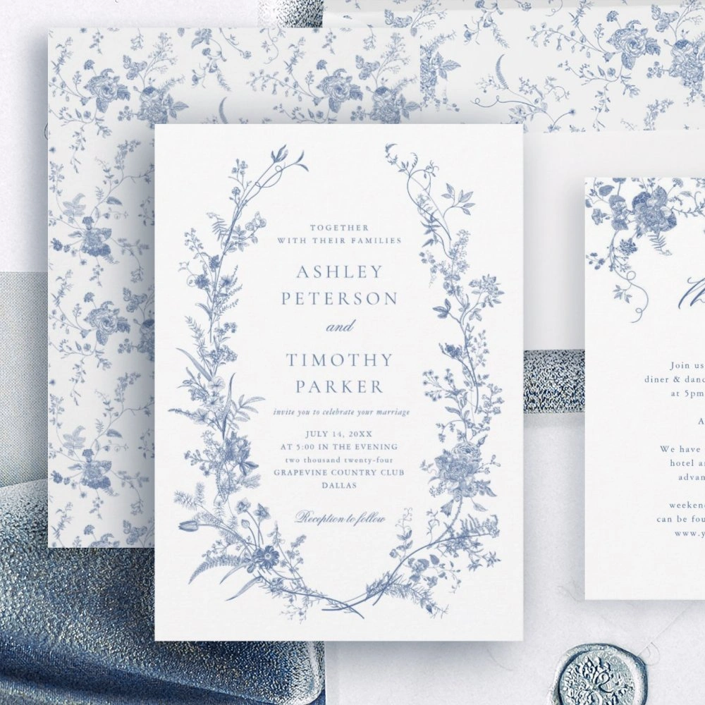 Elegant French vintage blue floral wedding invitation template