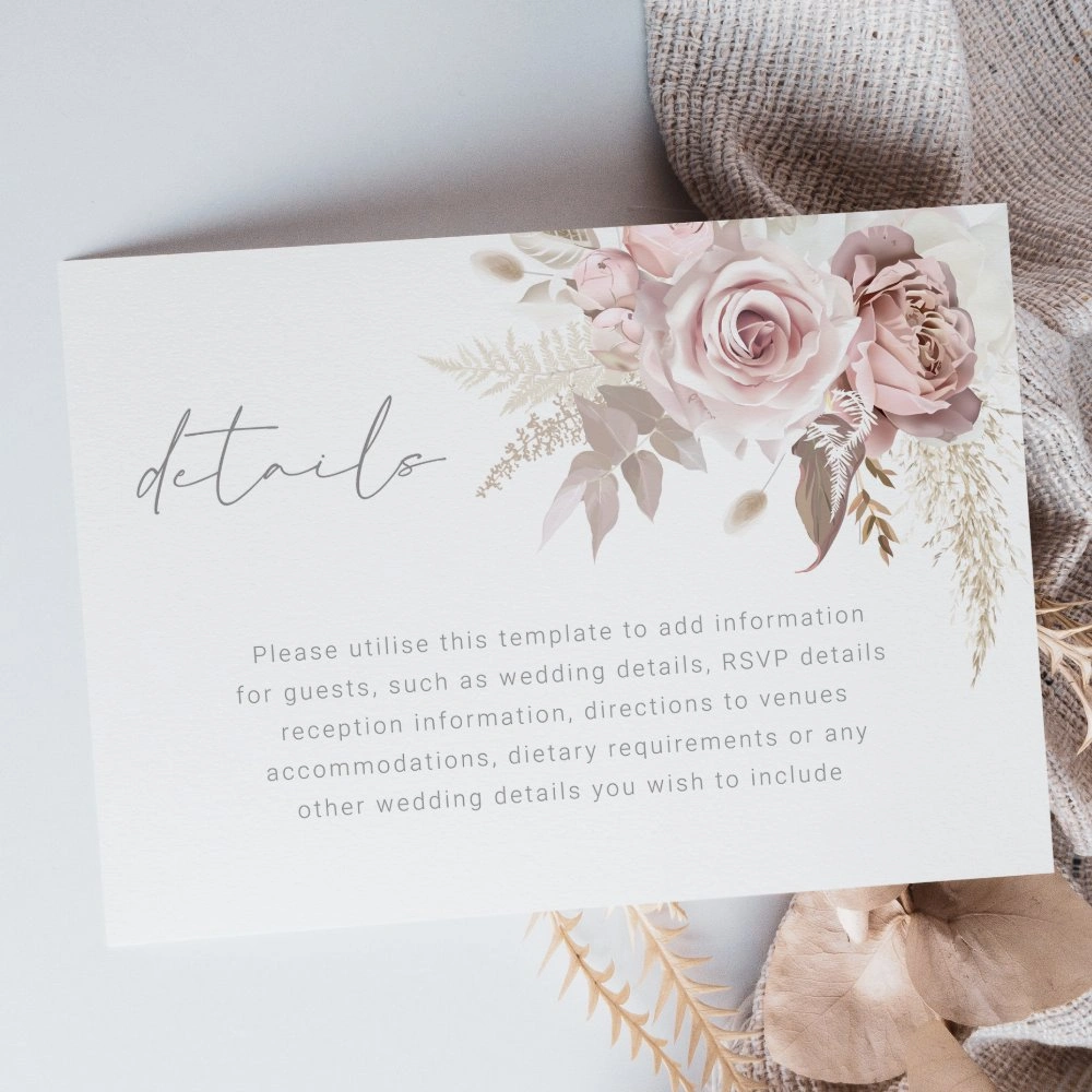 Dusty rose blush floral wedding details card template