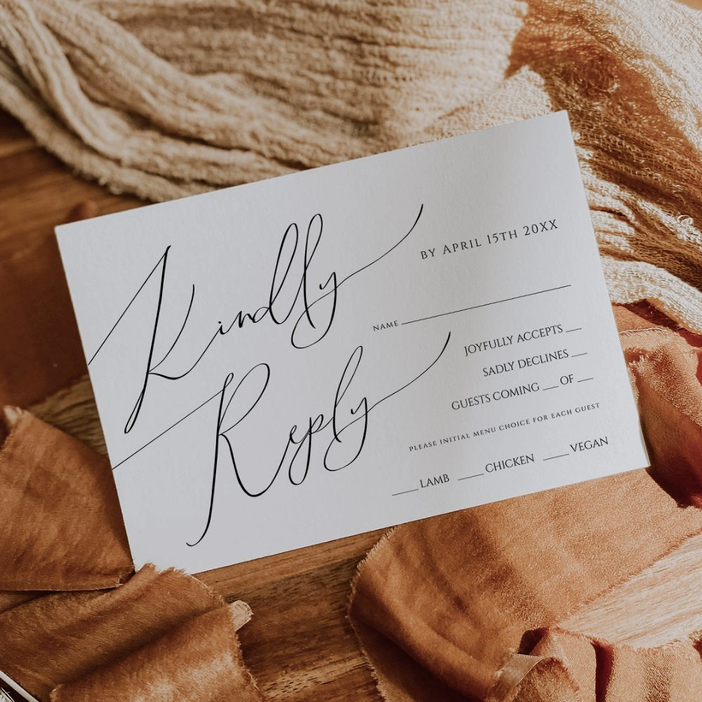 Whimsical script wedding RSVP card template with menu options