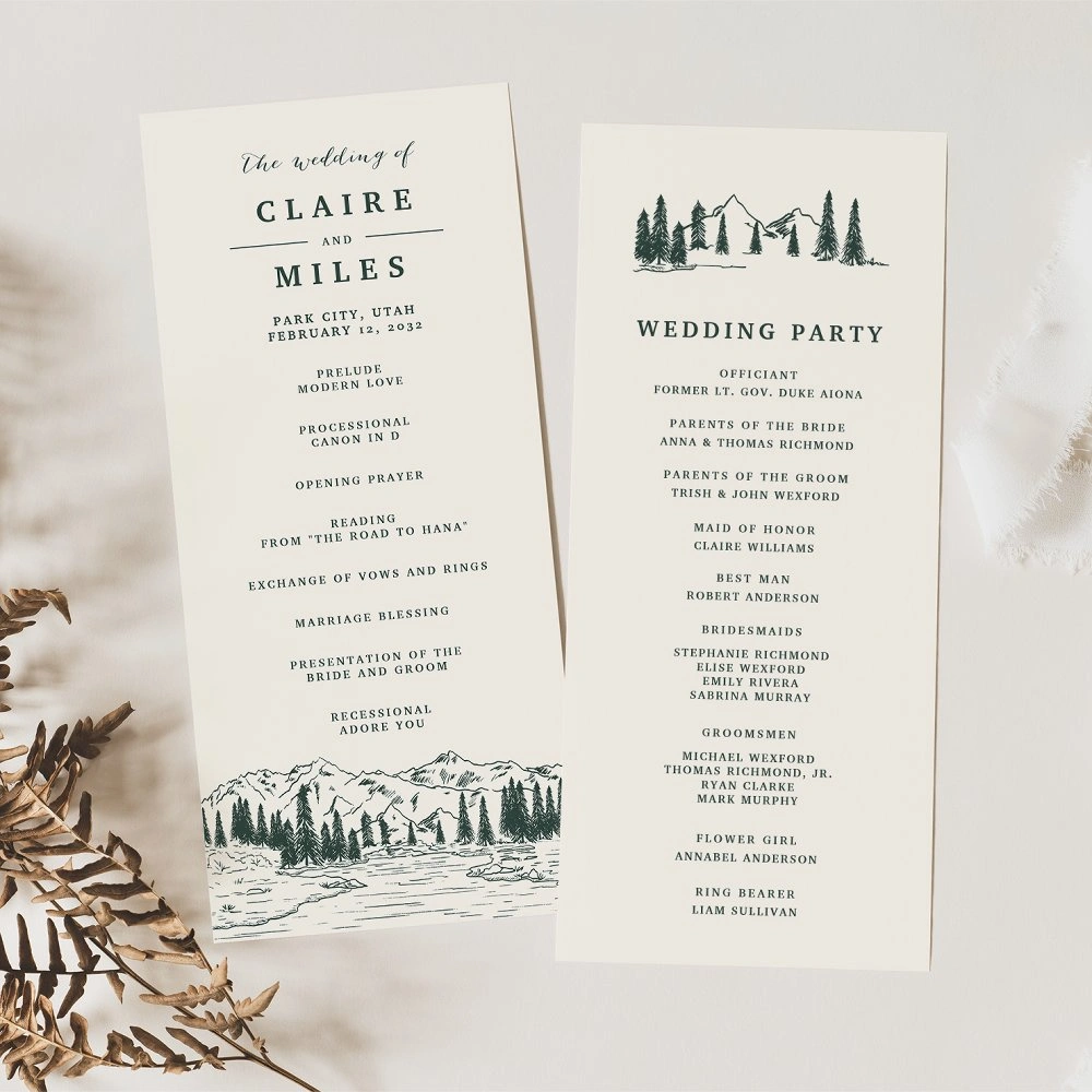 Hunter green mountain sketch wedding ceremony program card set