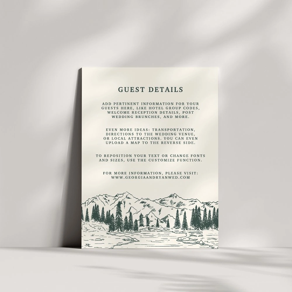 Rustic mountain guest information card for wedding stationery suite