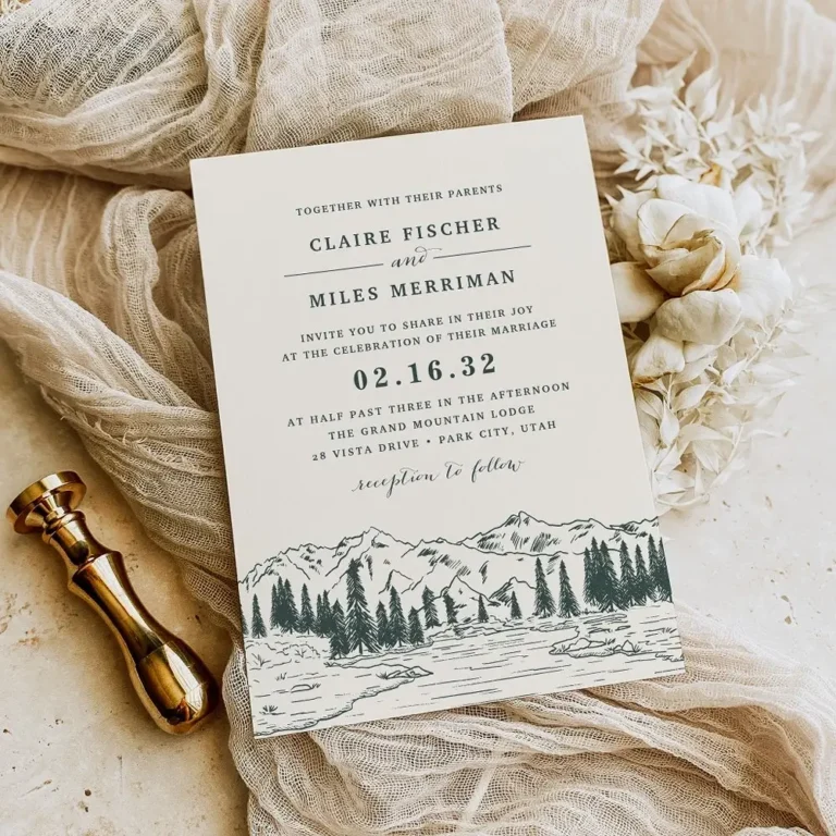 Elegant mountain inspired invitation with hunter green forest illustration