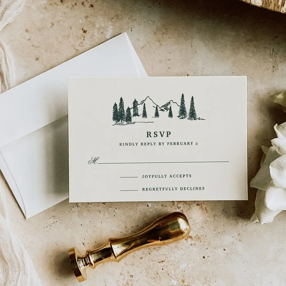 Hunter green mountain sketch wedding RSVP response card