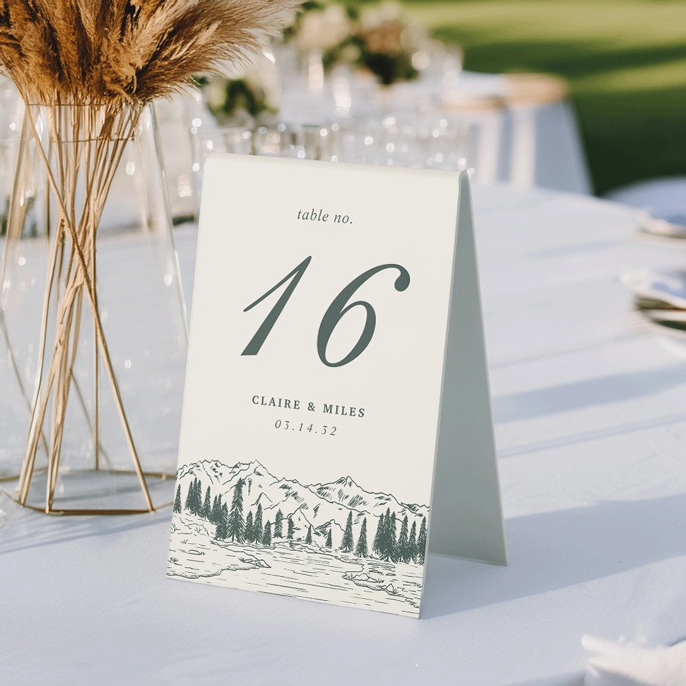Hunter green mountain sketch wedding table number card tent style