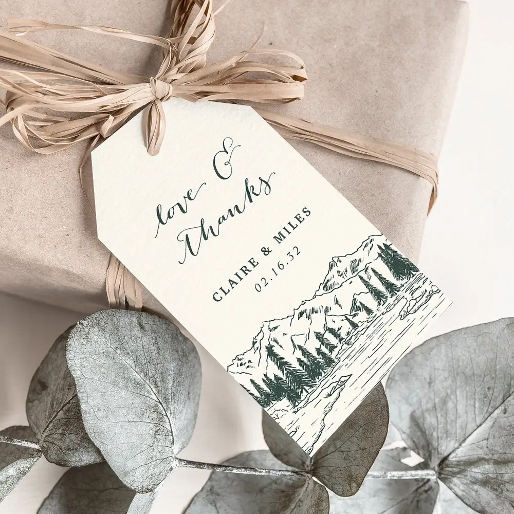 Elegant hunter green thank you tag with mountain scenery illustration