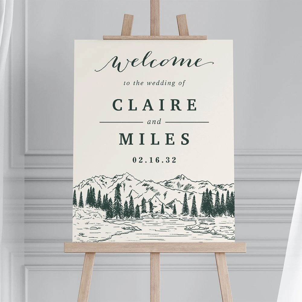 Hunter green mountain sketch wedding welcome sign with rustic forest design