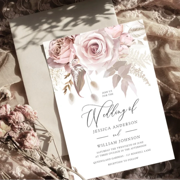 Dusty rose blush floral wedding invitation template