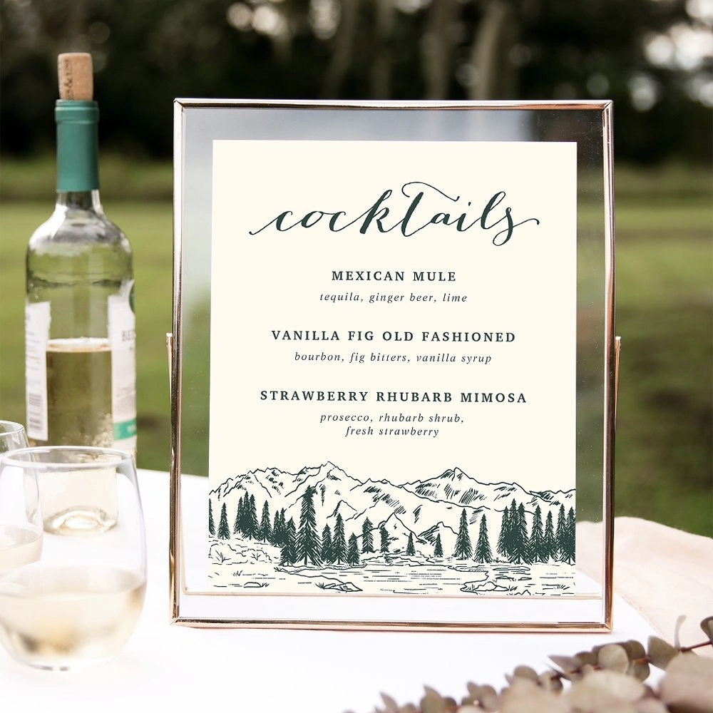 Rustic mountain bar menu sign with hunter green sketch design
